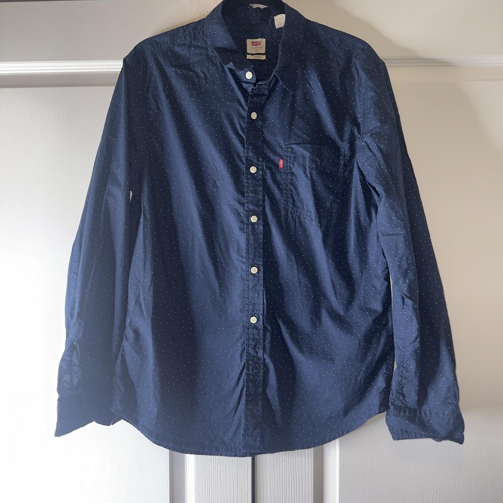 Levi's Shirt Mens Medium Blue Polka Dot Long Sleeve Button Up Standard Casual